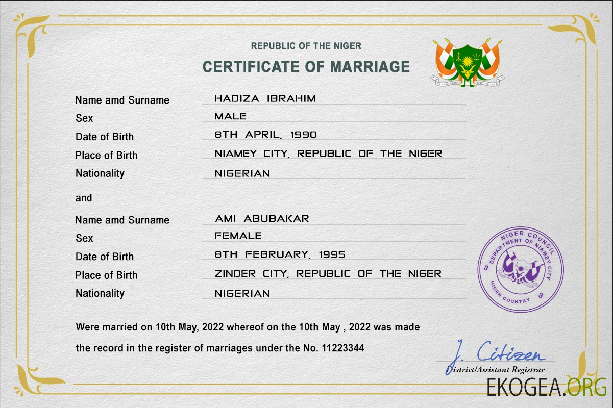 Modèle PSD de certificat de mariage du Niger